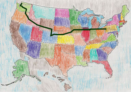 United States map with train route PA to WA