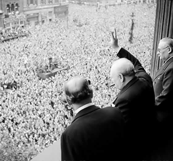 Churchill waving to crowds - V-E Day, May 8, 1945 