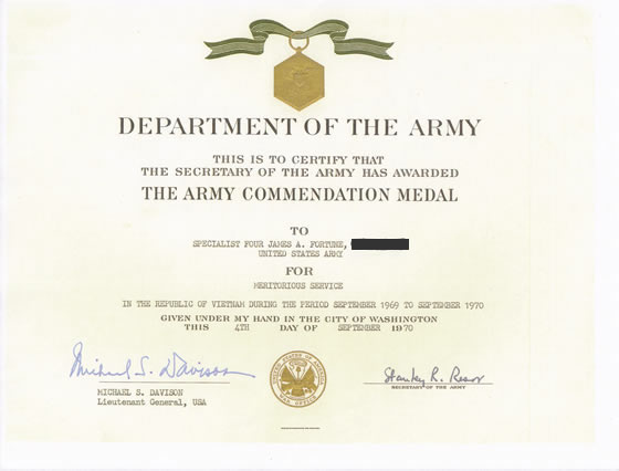 James Fortune Army Commendation Medal Award