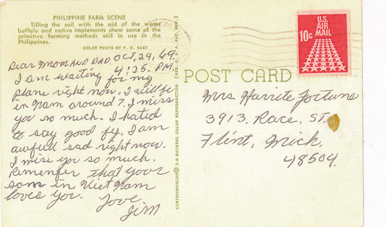 Jim Fortune ~ post card to parents in Flint, Michigan ~ Oct 1969